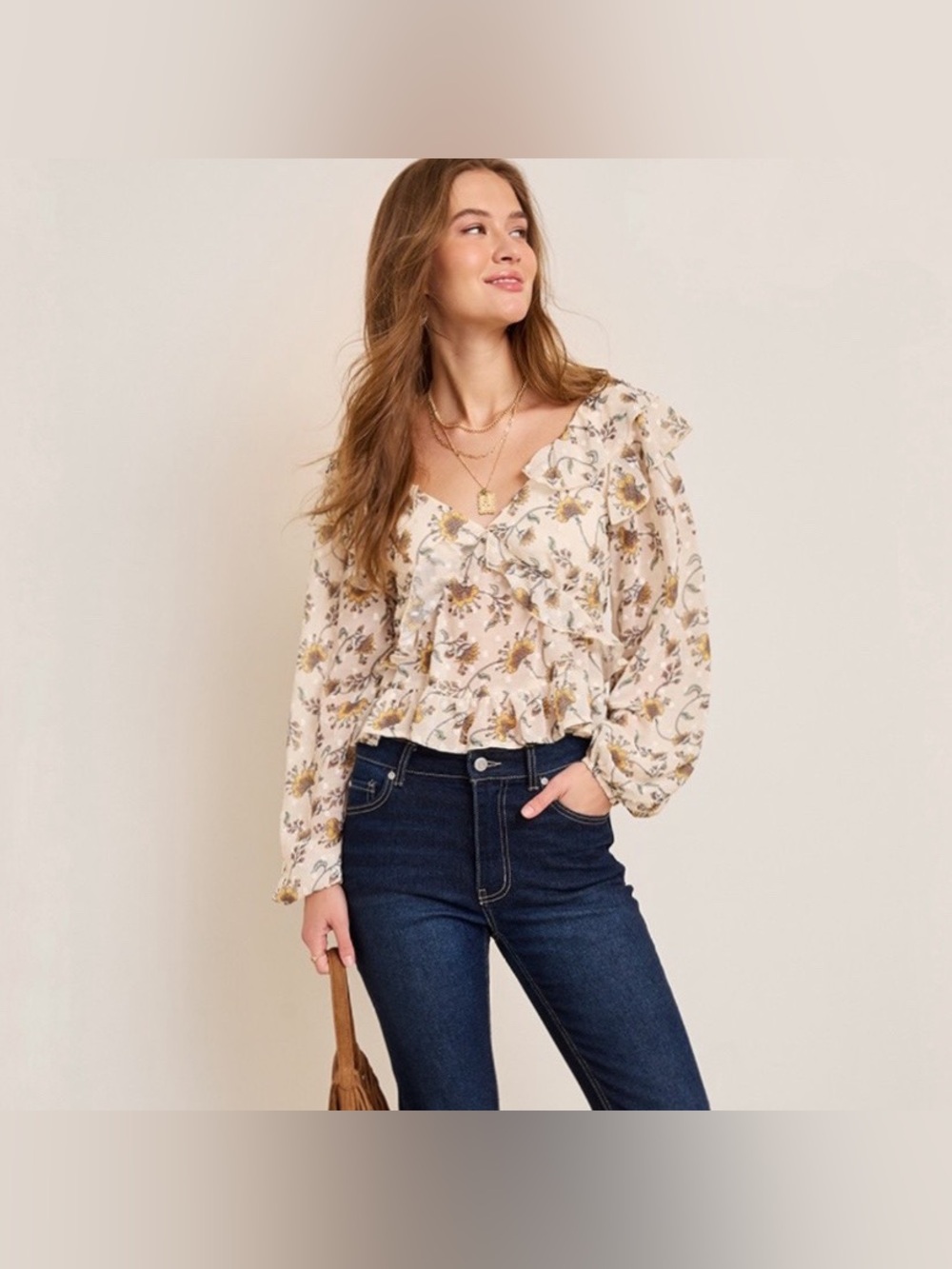 Francesca’s Kathy Floral Back Tie Cream & Yellow  Ruffle Long Sleeve Blouse NWT